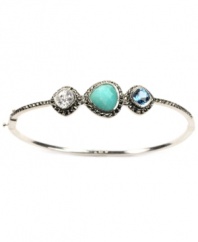 Star-studded style. This exquisite bangle by Judith Jack boasts a unique mix of clear cubic zirconia (1-5/8 ct. t.w.), glittering marcasite, genuine Peruvian amazonite, and synthetic blue spinel. Set in sterling silver. Approximate diameter: 2-1/2 inches.