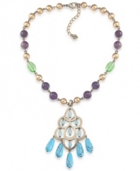 Pastel perfection. Carolee's elegant pendant features a beaded chain including amethyst (3-3/10 ct. t.w.) gold, and green glass beads and a turquoise-hued glass chandelier. Crafted in burnished gold-plated mixed metal. Approximate length: 16 inches + 2-inch extender. Approximate drop: 3-1/4 inches.