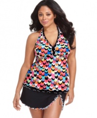 In a colorful fiesta print, this Profile by Gottex plus size tankini top is perfect for a bright, bold beach look.