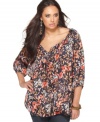 Flaunt florals this season with Elementz' three-quarter sleeve plus size peasant top-- this look is a must-have!