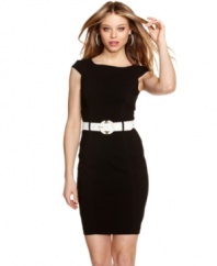 A white belt creates a stunning contrast on this little black sheath dress from XOXO -- the ideal look for work or play.
