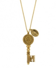 Subtle style symbolic of your faith. Vatican pendant features an intricate key featuring the engraving The Vatican Library Collection and an oval-shaped Virgin Mary Charm. Setting and chain crafted in gold tone mixed metal. Approximate length: 32 inches. Approximate drop: 2-1/4 inches.