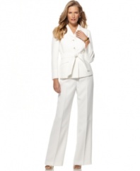 A luxurious texture and self-tie belt put a polished finish on Le Suit's petite pants suit.