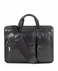 Two compartments are better than one. This handsome over-the-shoulder carry case, constructed of supple full-grain cowhide leather, features a spacious main compartment with accordion file for document organization and a padded area to protect your laptop from everyday bumps and bruises. A set of organizer pockets line the front face for easy access to accessories and other essentials. One-year limited warranty.