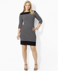Infused with nautical inspiration, this timeless plus size boatneck dress from Lauren by Ralph Lauren is finished with horizontal stripes, three-quarter length sleeves and chic laced detail at the shoulders. (Clearance)
