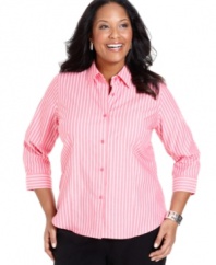 Jones New York Signature's three-quarter sleeve plus size shirt is an essential for classic style-- dress it up with trousers or down with denim!
