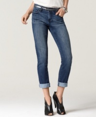 This Calvin Klein Jeans look offers a laid-back petite fit and perfectly worn wash. A removable, glittery belt adds the perfect pop of contrast, too!