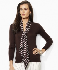 The classic V-neck cardigan is updated with a detachable silk scarf at the neckline for a chic accent, from Lauren by Ralph Lauren.