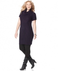 Look super-cute in cooler temps with Love Squared's short sleeve plus size sweater dress, accented by a cowl neckline.