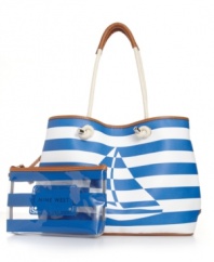 Sail the the high-seas of great style with this adorable nautical design from Nine West. With room for everything you need, this striped tote with fun center detail is a warm-weather must-have.