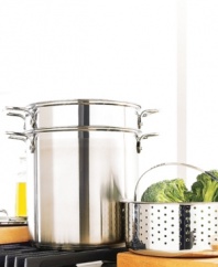 Multi-functional set for preparing soup, pasta, veggies and more. Constructed with a nonreactive stainless steel interior and an aluminum disk bottom. Features riveted, stay-cool handles.  Oven safe to 500°. Dishwasher safe; hand wash to maintain luster. Includes a 12-quart stock pot, a pasta insert and a steamer basket. Manufacturer's limited lifetime warranty.