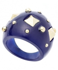 Start a conversation with this chic, cocktail ring. Bar III's standout style features a blue resin dome ring accented by brass balls and gold tone mixed metal studs in varying shapes and sizes. Size 7.