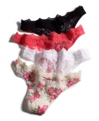 Make everything beautiful, even your basics. Floral lace thong by Material Girl.