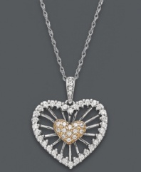Love is a many splendored thing. Let it shine in this stunning sunburst heart pendant. An intricate wire design crafted from 14k white gold and 14k rose gold shines with the addition of sparkling round-cut diamonds (1/3 ct. t.w.). Approximate length: 18 inches. Approximate drop: 1 inch.