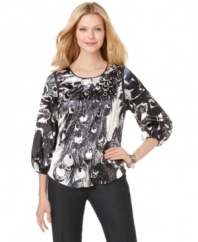 Of a fashionable feather: T Tahari creates a gorgeous peacock-printed blouse that style mavens are sure to flock to. Pair with slim dark pants and heels for a flawless office look! (Clearance)