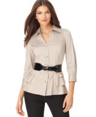 Alfani gives this petite shirt a feminine twist, adding tiered detail at the hips and a sleek contrasting belt. Pair with skinny pants and heels or tall boots for a fresh take on workwear.