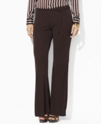 Figure flattering plus size pants from Lauren by Ralph Lauren are crafted from slinky matte jersey and finished with a self-tie skinny belt for a timeless look that is as comfortable as it is classic.
