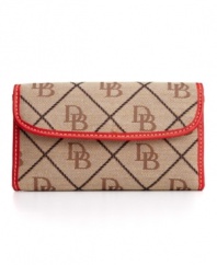 Keep your financial essentials in this Dooney & Bourke checkbook (and more) holder with a quilted monogram motif and fiery red trim. A Macy's Exclusive!