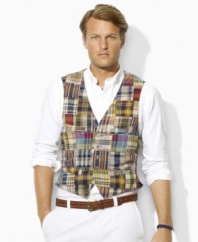 Emblazoned in authentic cotton madras, the lightweight Tovil patchwork vest epitomizes heritage style in a trim-fitting silhouette