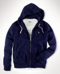 Classic-fitting full-zip hoodie in soft-washed cotton fleece is smooth on one side with a soft, fuzzy interior.