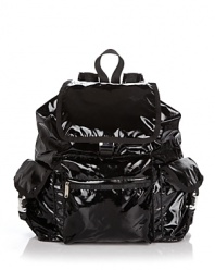 Go for daytime glam with LeSportsac's backpack in glossy black patent nylon.