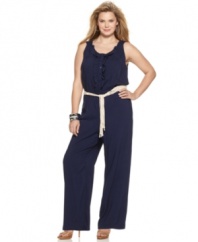 Hustle onto the jumpsuit trend with AGB's sleeveless plus size style, accented by a ruffled front and belted waist.