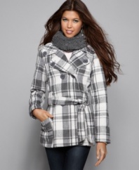 This classic Jou Jou trench steps up the prep in plaid! An infinity scarf completes the polished, cold-weather look!