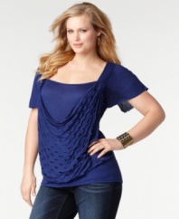 Get spot-on style with Seven7 Jeans' short sleeve plus size top, featuring a draped front with cutouts.