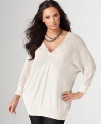 Enjoy the cozy comfort of DKNY Jeans' long sleeve plus size sweater, accented by crochet trim.