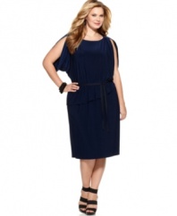 Looking sensational is a cinch with Tahari Woman's butterfly sleeve plus size dress, accentuated by a belted peplum waist-- dazzle from desk to dinner!