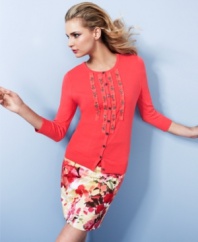 Bejeweled appliques adorn this petite Charter Club cardigan for a fresh take on springtime style! Try it with a printed skirt for a classic outfit with a twist.