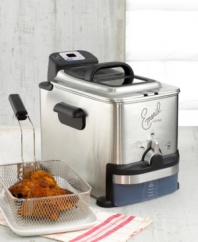 Designed to out-fry all others, Emeril's stainless steel deep fryer heats oil super hot for foods crispier and more flavorful than you've ever dreamt possible. Extremely easy to handle, this smart appliance automatically filters, drains and stores the oil, keeping it clean for long-lasting use and healthier frying. An indicator light lets you know when it's finally time to change the oil. One-year limited warranty.