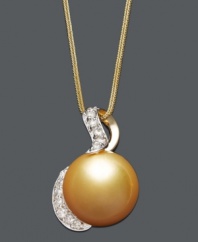 Add a burst of sunshine to your neckline. This rich pendant highlights a golden cultured South Sea pearl (13 mm), swirling round-cut diamonds (1/3 ct. t.w.), and a 14k gold setting. Approximate length: 18 inches. Approximate drop: 1 inch.