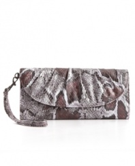 Multidimensional, multifunctional: this glazed, pleated metallic wristlet comes in different textures and looks, and tucked inside are a coin purse and pocket wallet with 6 card slots.