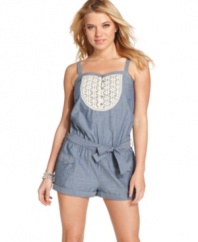 High-level cute is in full effect on this chambray romper, thanks to a knitted bib design and chic belted style! From Jessica Simpson!