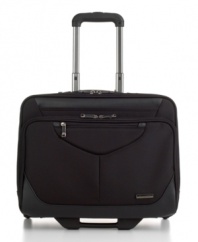 Out of the office? This rolling briefcase keeps business at hand with a heavy-duty construction that protects all of the essentials. Featuring a dual-padded laptop compartment and two exterior quick stash pockets for last-minute travel items, this all-business tag along makes the office wherever you are.
