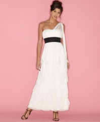 Grace the party with elegant style in this gorgeous gown from Roberta that features a cascade of soft chiffon ruffles!