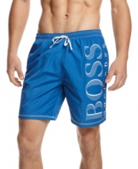 Bold beach style.  A pair of these Hugo Boss trunks updates your sand-ready style.