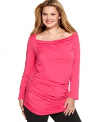 Get a ravishing look with Tahari Woman's long sleeve plus size top, featuring a ruched front.