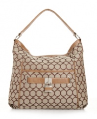 Although detailed with a classic 9 signature print, this Nine West style is a definite 10. Ideal for both work and play, this classic hobo silhouette is detailed with silvertone hardware and contrast trim.