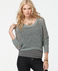 A hot layering piece, this sheer Kensie open-knit sweater adds on-trend texture to any outfit!