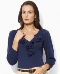 Smocked detailing and soft ruffles lend a bohemian quality to a petite three-quarter-sleeved tee in super-soft tissue cotton from Lauren by Ralph Lauren.