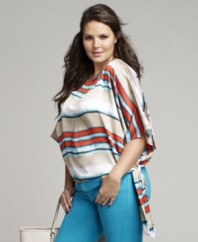 Standout in stripes this spring with MICHAEL Michael Kors' butterfly sleeve plus size top, finished by a side tie.