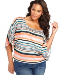Sport one of the season's must-have trends with One 7 Six's dolman sleeve plus size top, featuring a striped pattern.