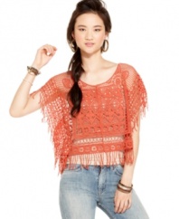 Intricate knit design tells a fashion-forward story on this fringed top from American Rag: an all-americana layer to your jeans and tanks!