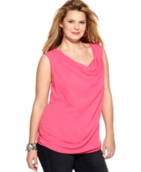 A draped front lends a flattering shape to Rafaella's sleeveless plus size top-- layer it with jackets and cardigans.