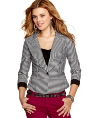 Get your nautical fix in sleek and tailored form with this striped blazer from BCX -- a vivid finish to your colored bottoms!