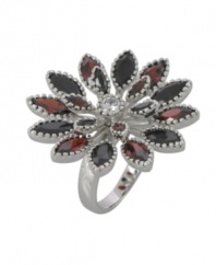 Resplendent in red. A gorgeous garnet hue has an eye-catching effect on City by City's cubic zirconia Sunburst ring (11-1/2 ct. t.w.). Crafted in nickel-free silver tone mixed metal. Sizes 5, 6, 7, 8 and 9.