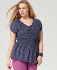 Score a super-cute look with DKNY Jeans' short sleeve plus size top, highlighted by a dot print and smocked waist.
