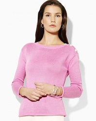 A wardrobe staple, the Angelyka sweater is knit with a chic boatneck and finished with button details at the shoulder.
